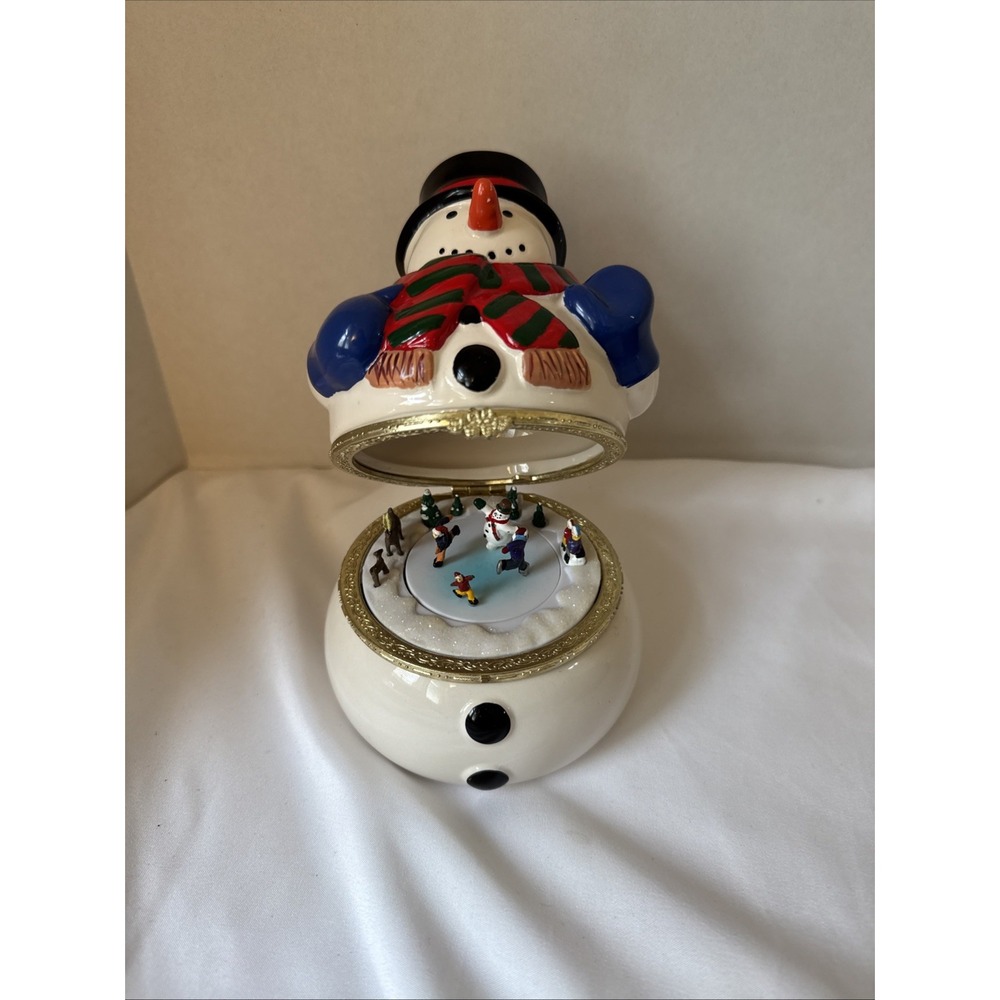 Mr Snowman Animated Music Box Ice Skaters Hinged Christmas